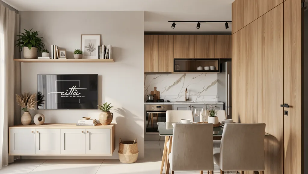 Sala de jantar integrada com painel de TV amadeirado, rack planejado e cozinha ao fundo